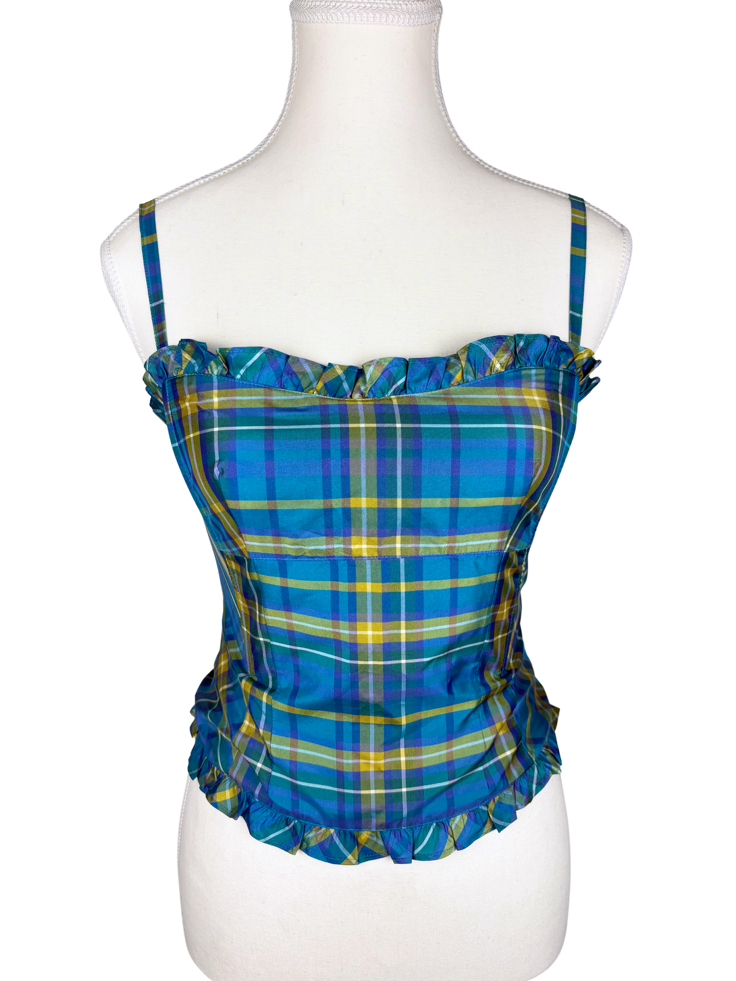 Nanette Lepore Blue Silk Check Corset Top