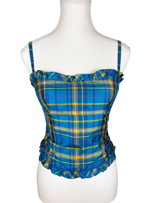Nanette Lepore Blue Silk Check Corset Top
